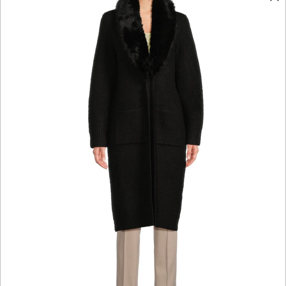 Saks Fifth Avenue Black Faux-Fur Shawl Collar Longline Cardigan XL